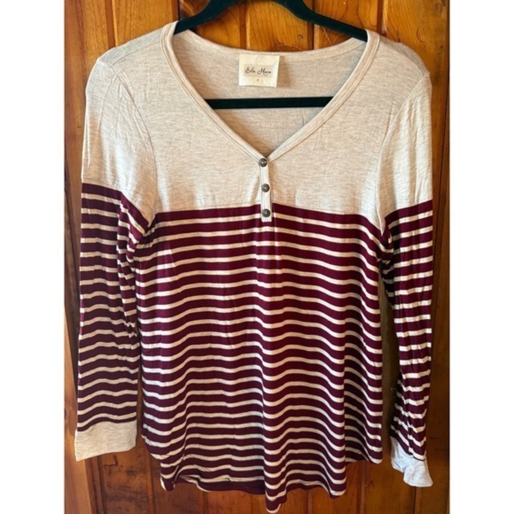 Ella Mara  Henley‎ Long Sleeve Striped Colorblock Top Burgundy Oatmeal  Medium